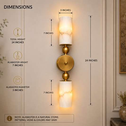24" Double Alabaster Wall Sconce – Antique Brass Vertical Wall Light | Natural Stone