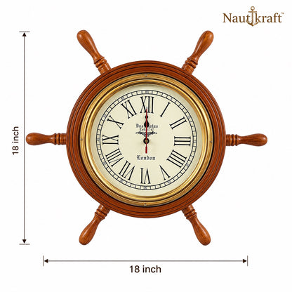 18-Inch Nautical Ship Wheel Wall Clock | Vintage Wooden Clock