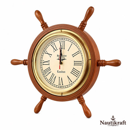 18-Inch Nautical Ship Wheel Wall Clock | Vintage Wooden Clock