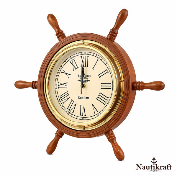 18-Inch Nautical Ship Wheel Wall Clock | Vintage Wooden Clock