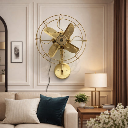 Vintage Brass Wall Mounted Fan – 1350 RPM High Speed, 3-Speed Motor