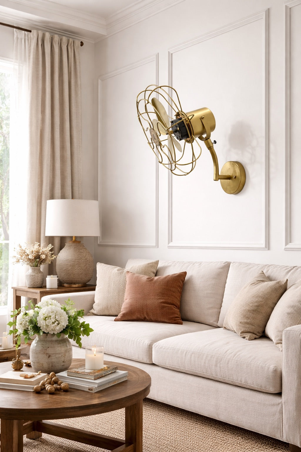 Vintage Brass Wall Mounted Fan – 1350 RPM High Speed, 3-Speed Motor