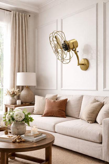 Vintage Brass Wall Mounted Fan – 1350 RPM High Speed, 3-Speed Motor