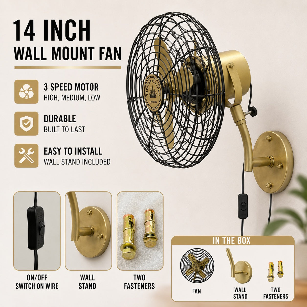 NautiKraft 14 Inch Vintage Brass Wall Mounted Fan | 1350 RPM | 3-Speed Motor