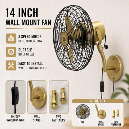 NautiKraft 14 Inch Vintage Brass Wall Mounted Fan | 1350 RPM | 3-Speed Motor