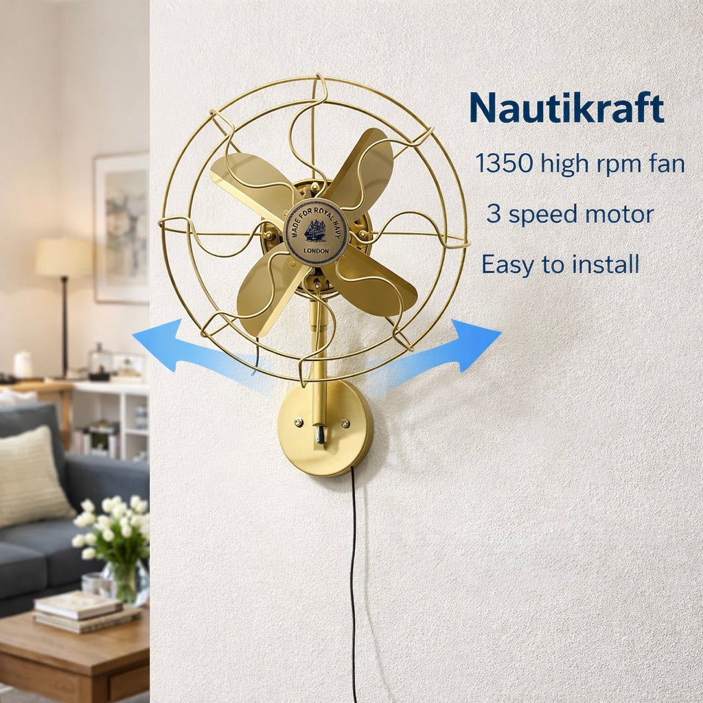 Vintage Brass Wall Mounted Fan – 1350 RPM High Speed, 3-Speed Motor