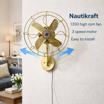 Vintage Brass Wall Mounted Fan – 1350 RPM High Speed, 3-Speed Motor