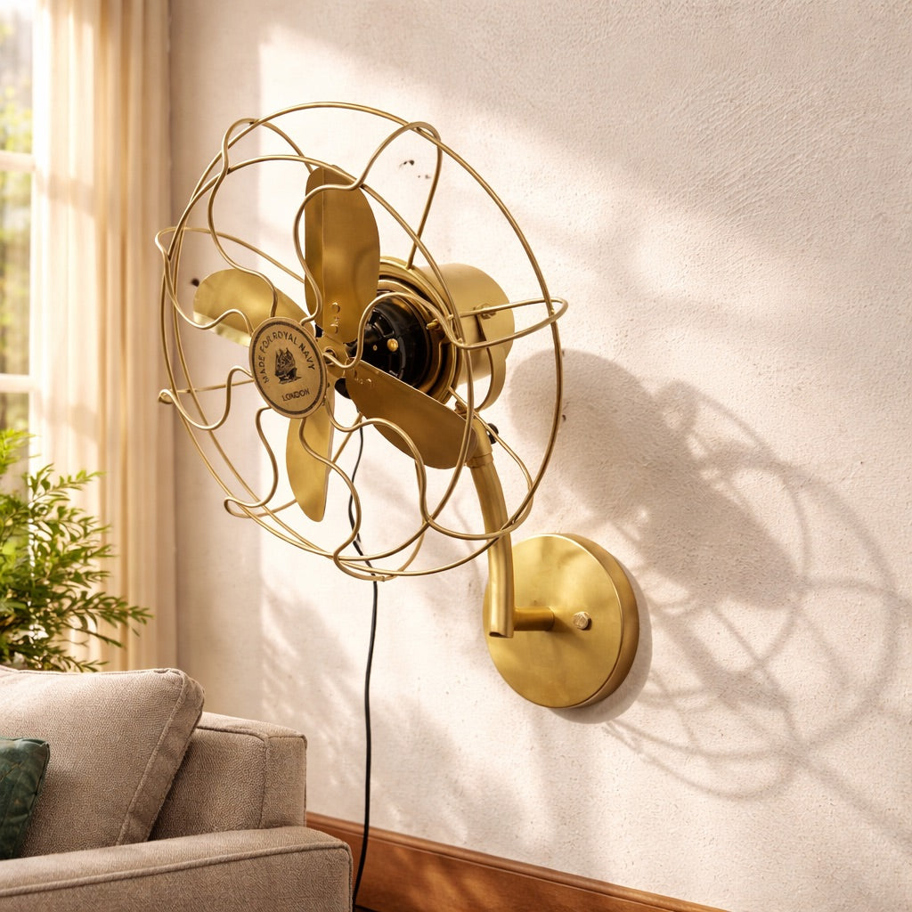 Vintage Brass Wall Mounted Fan – 1350 RPM High Speed, 3-Speed Motor