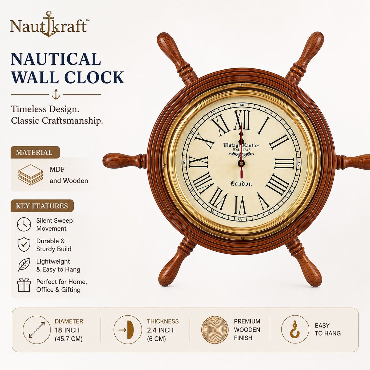 18-Inch Nautical Ship Wheel Wall Clock | Vintage Wooden Clock