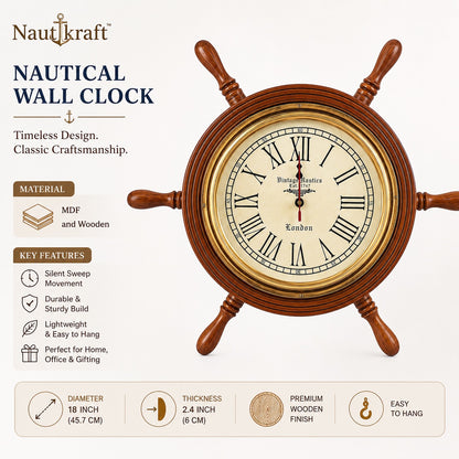 18-Inch Nautical Ship Wheel Wall Clock | Vintage Wooden Clock