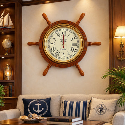 18-Inch Nautical Ship Wheel Wall Clock | Vintage Wooden Clock