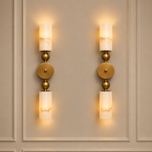 24" Double Alabaster Wall Sconce – Antique Brass Vertical Wall Light | Natural Stone