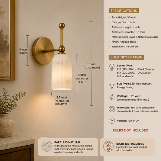 Antique Brass & Natural Alabaster Wall Sconce | Fluted Globe Wall Light