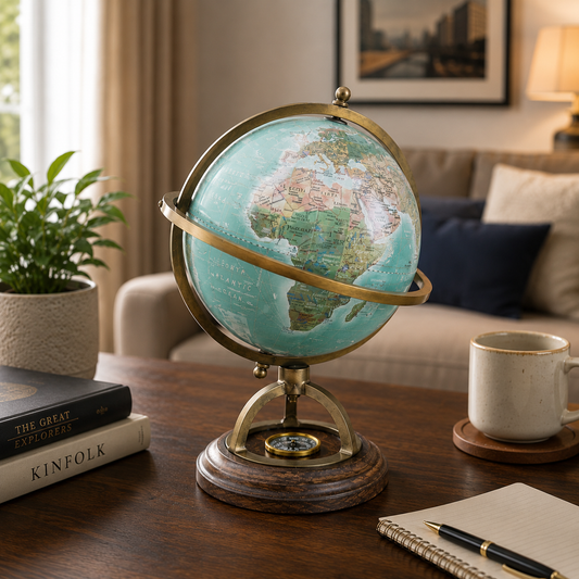 NautiKraft Vintage World Globe with Brass Metal Frame & Wooden Base | Decorative Desk Globe with Compass | Luxury Home & Office Decor | Premium Gift for Travel Lovers