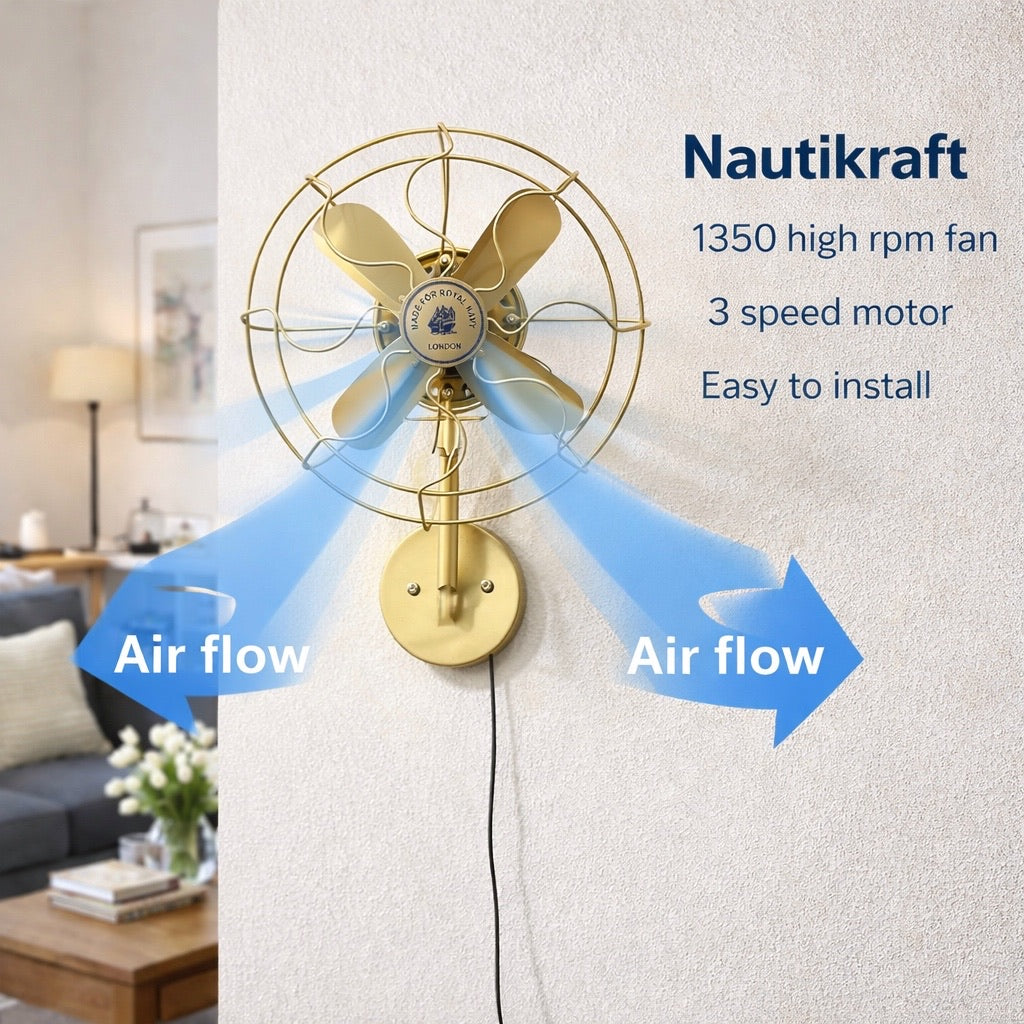 Vintage Brass Wall Mounted Fan – 1350 RPM High Speed, 3-Speed Motor
