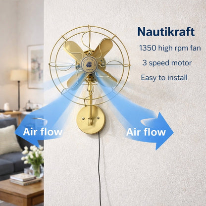 Vintage Brass Wall Mounted Fan – 1350 RPM High Speed, 3-Speed Motor