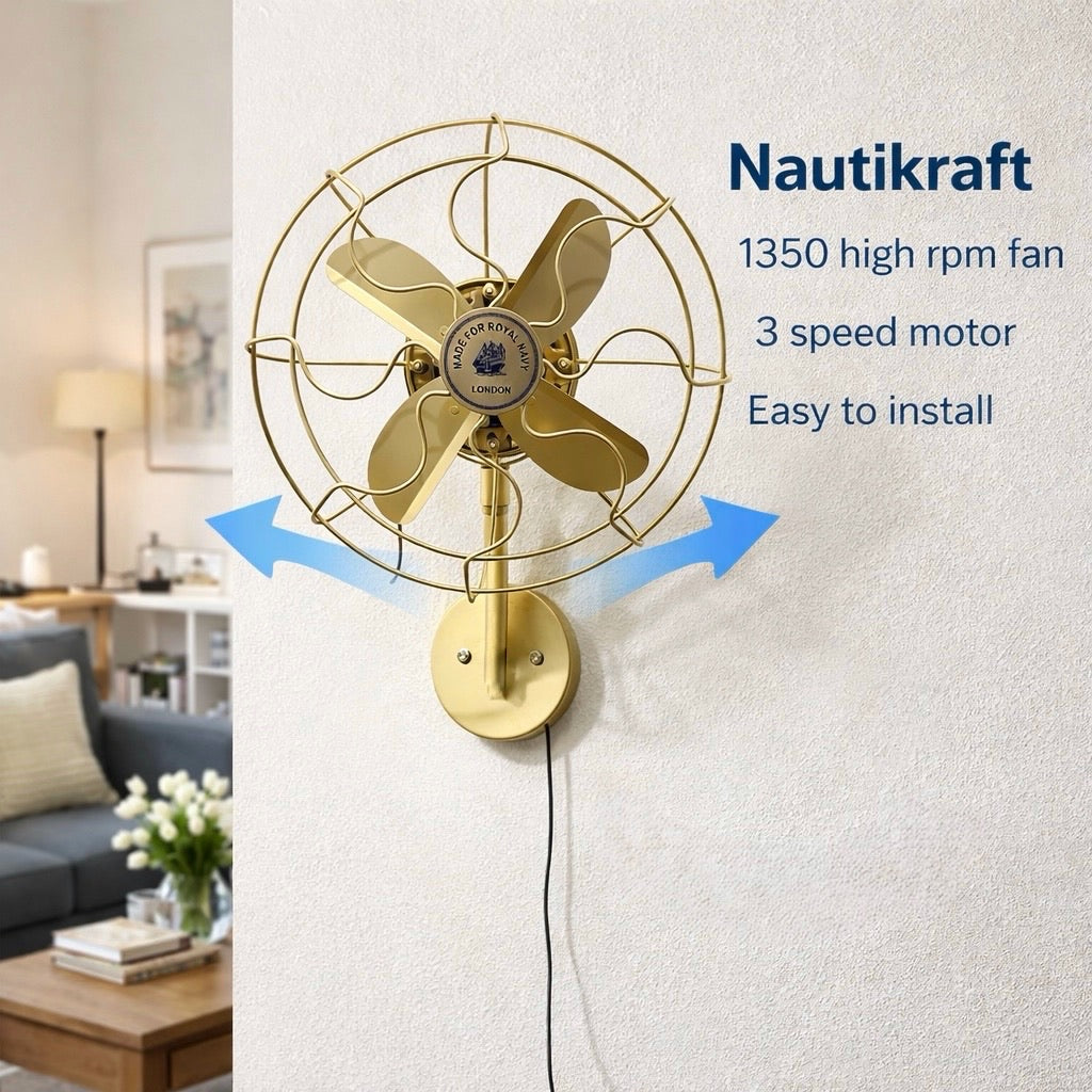 Vintage Brass Wall Mounted Fan – 1350 RPM High Speed, 3-Speed Motor