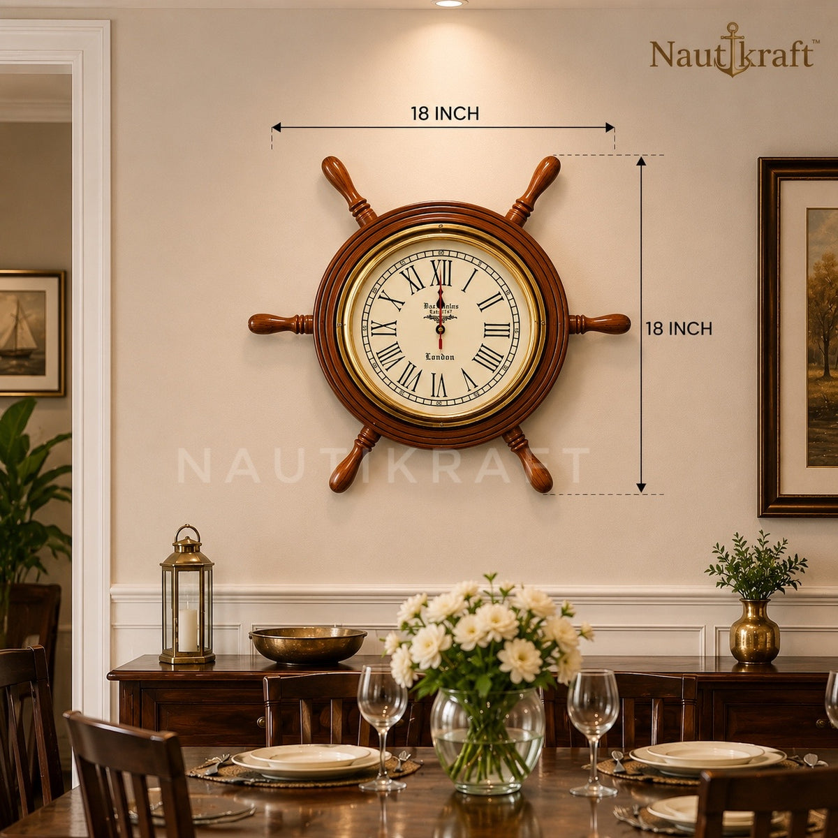 18-Inch Nautical Ship Wheel Wall Clock | Vintage Wooden Clock