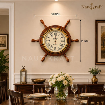 18-Inch Nautical Ship Wheel Wall Clock | Vintage Wooden Clock