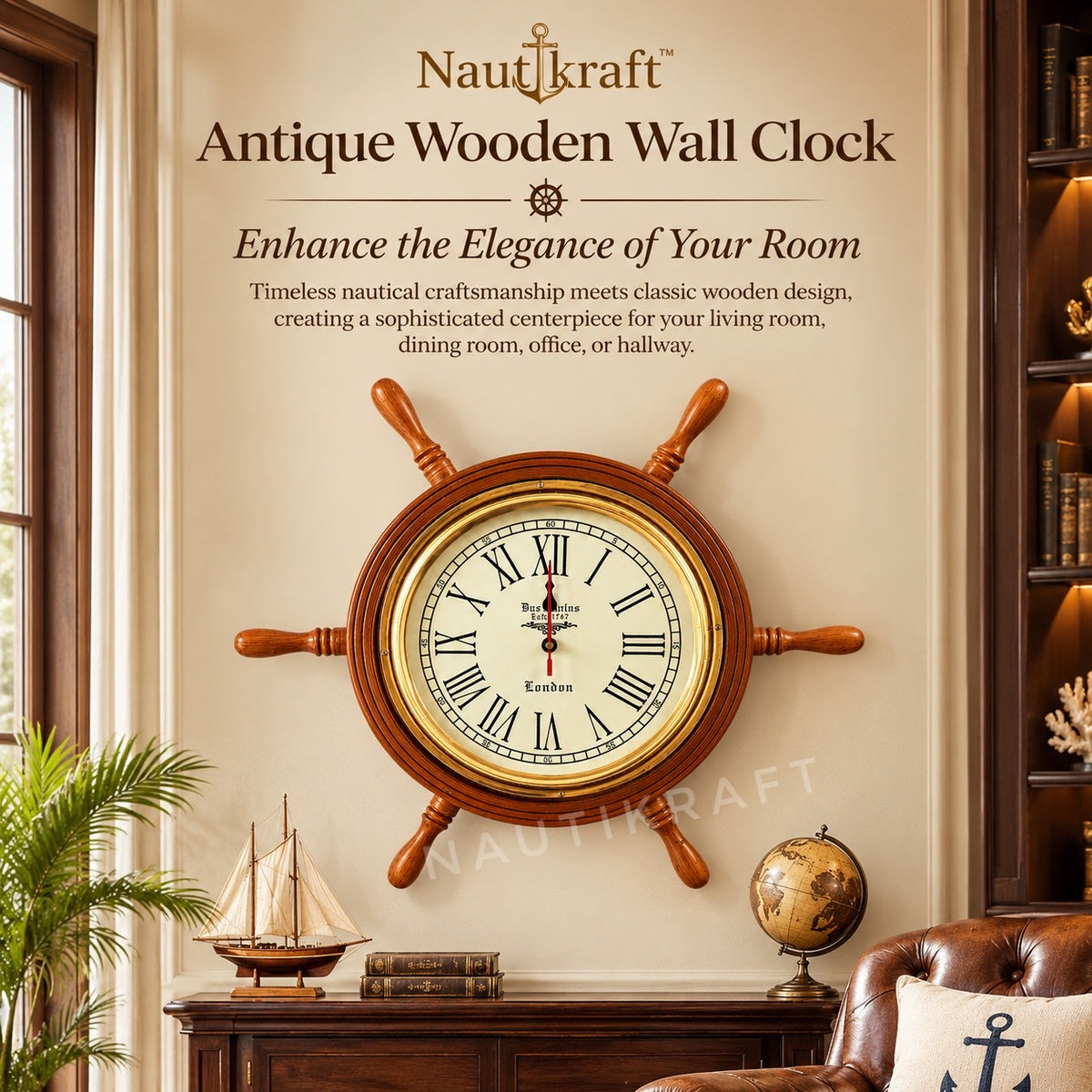 18-Inch Nautical Ship Wheel Wall Clock | Vintage Wooden Clock